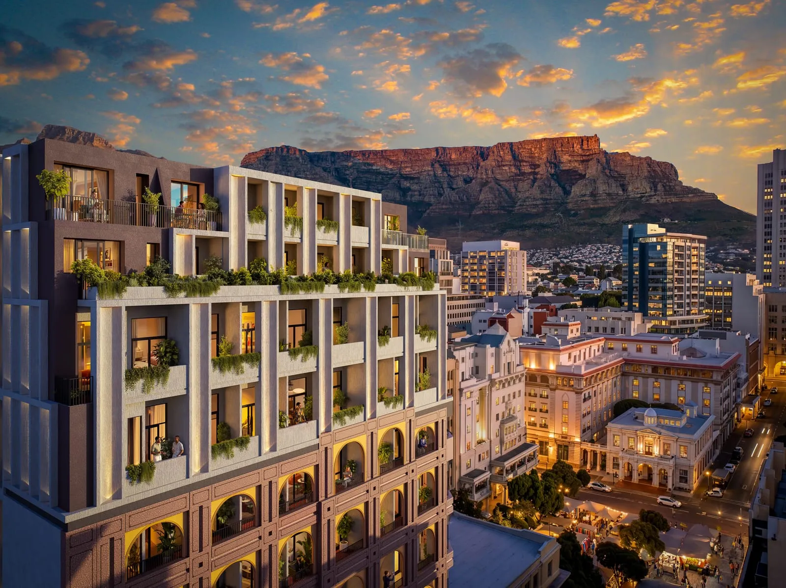 A Revo development at dusk with Table Mountain behind it